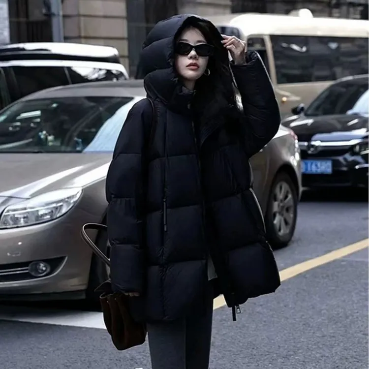 云朵泡芙棉服女中长款2025新款加厚连帽小个子棉袄棉衣面包服外套