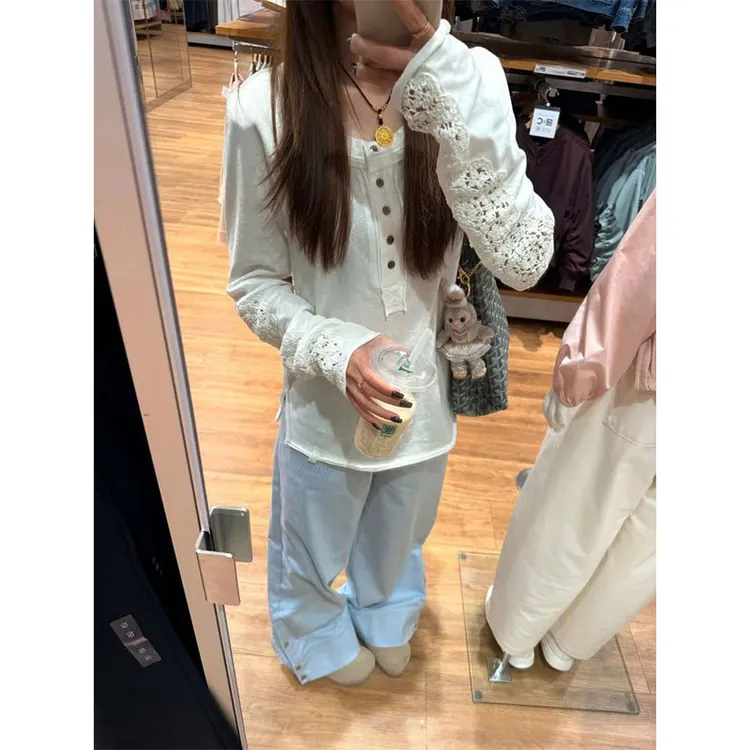 美式复古chic蕾丝镂空刺绣长袖T恤女夏季小众宽松薄款防晒衫上衣