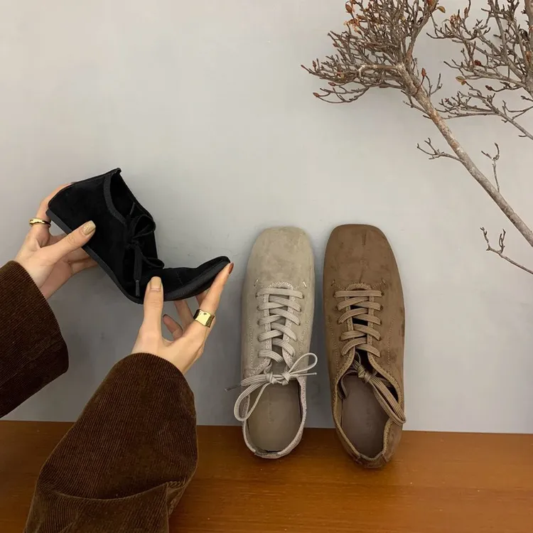 TLXT牛皮版！小个子内增高女鞋小众设计复古方头西部鞋系带单鞋乐