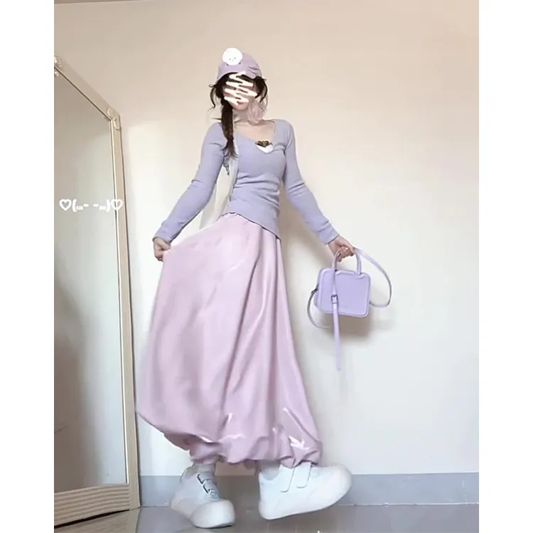2025秋季新款女温柔风修身长袖针织上衣高腰显瘦缎面花苞半身裙