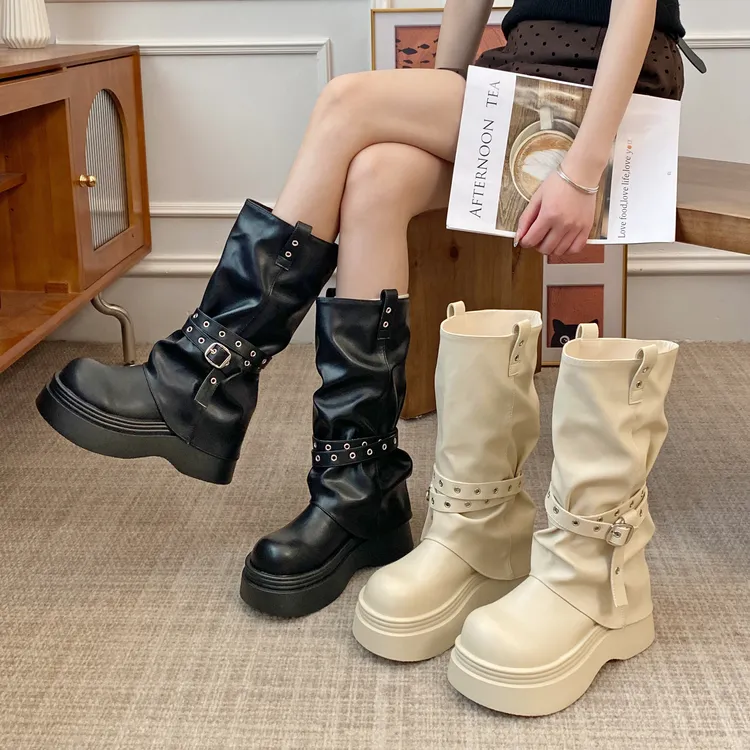 贾不假马丁靴女款2025新款秋季爆款皮带扣时髦百搭显瘦厚底长筒靴