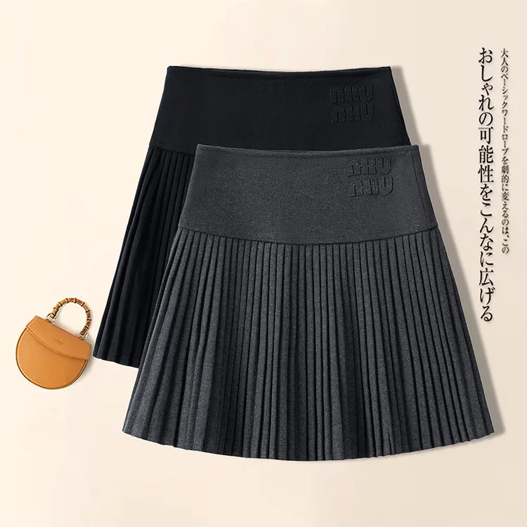 拉夏贝尔灰色毛呢百褶裙女2025春秋新款韩系学院风高腰显瘦a字裙