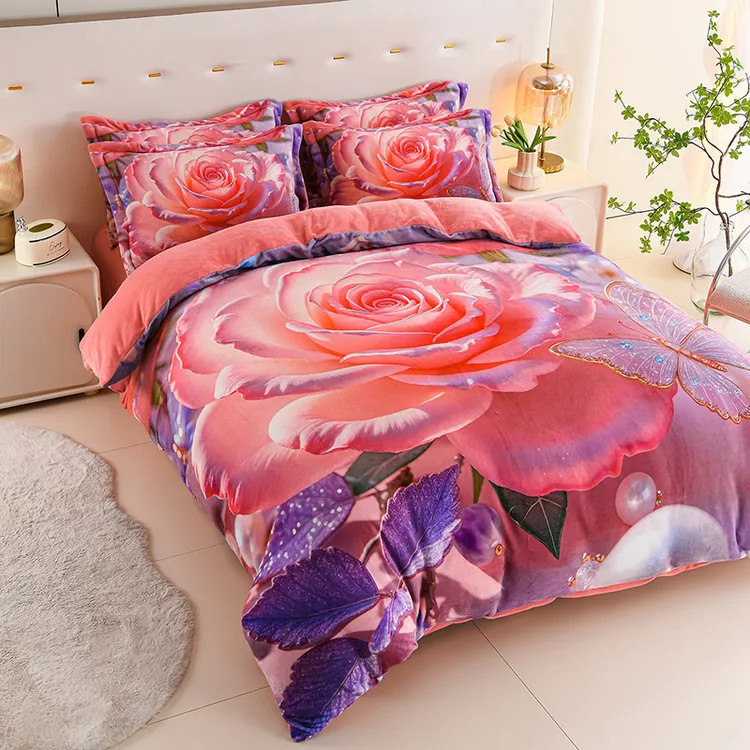 若及冬季5D立体印花加绒加厚双面保暖牛奶绒亲肤毛绒被套四件套