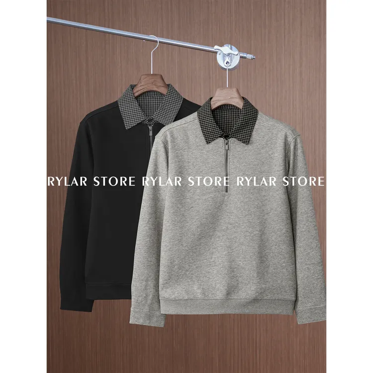 『都市周末』秋季新贵设计感拼接千鸟格男士假两件长袖POLO衫