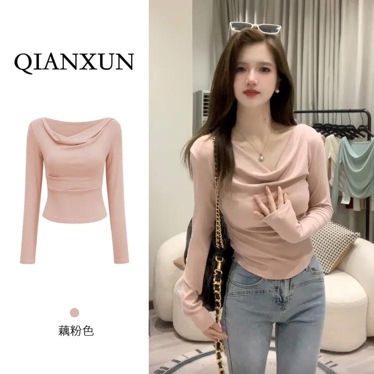 千寻家春新款荡领T恤纯欲正肩内搭修身显瘦长袖设计粉色打底衫202