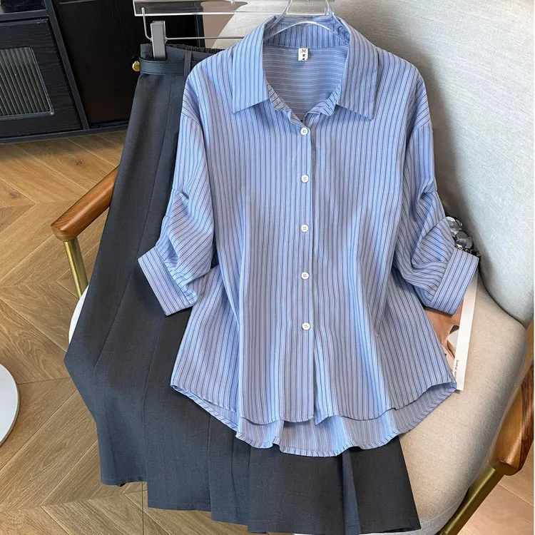 班菲亚Y011#新款女装今年流行漂亮小个子外穿穿搭条纹衬衫套装裙