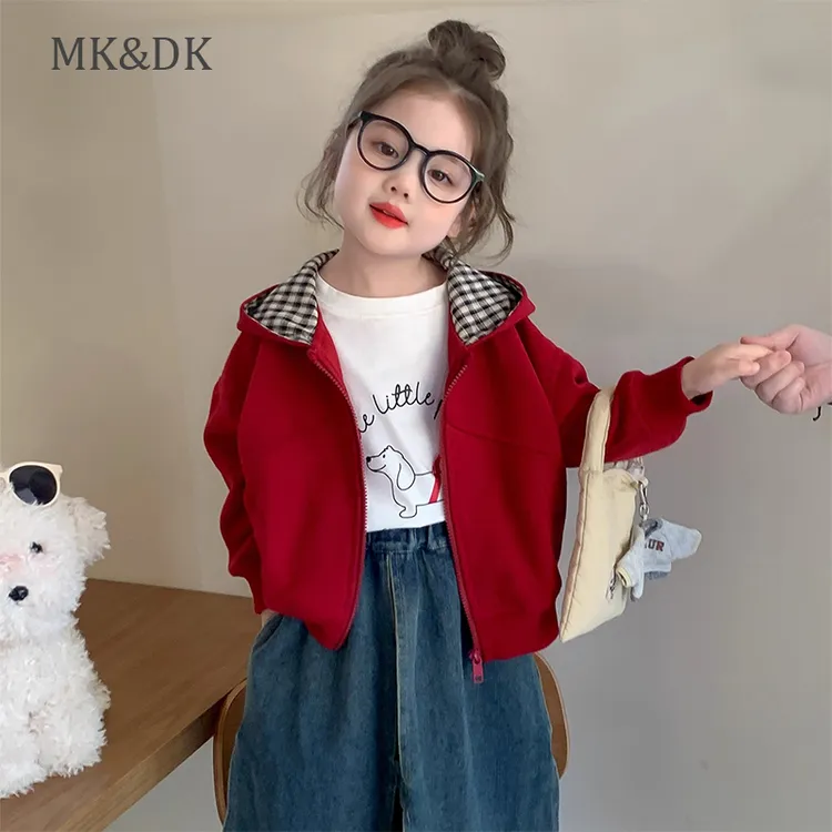 MK&DK女童秋季外套女宝宝2025新款儿童洋气小童连帽格子拉链秋装