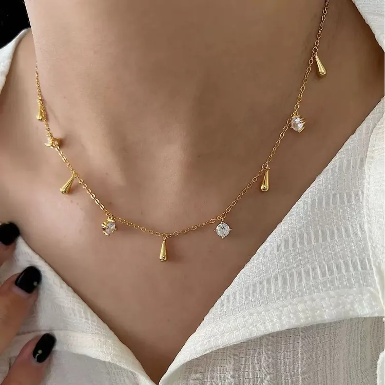 铜合金项链 水滴锁骨项链2024年新款叠戴高级锆石法式精致毛衣链