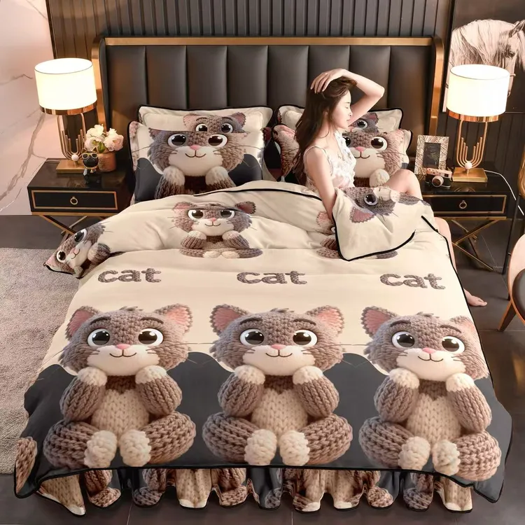 8-9斤 高克重牛奶绒四件套 5D卡通加绒加厚保暖床裙被套床上用品