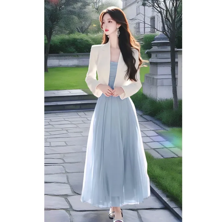 2025春季轻奢超好看独特漂亮白色西装外套蓝色连衣裙套装女