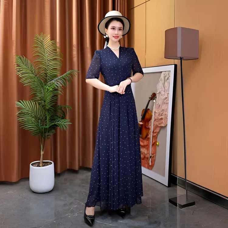 香衣丽华28-藏蓝星空夏季新款V领圆点套头中腰长款过膝大摆连衣裙