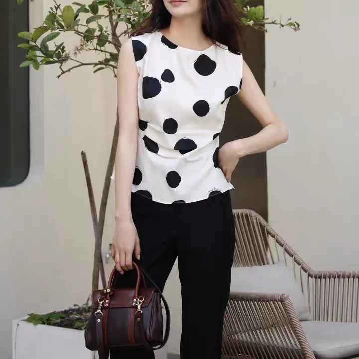 现货 朗系风白色波点衬衣小衫气质高级感无袖设计感上衣衬衫女