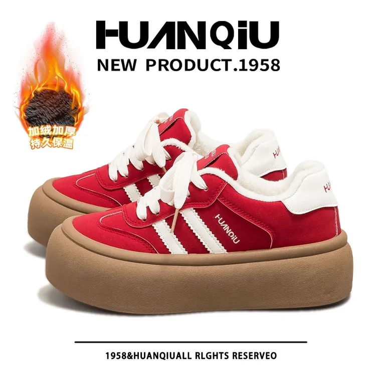 环球加绒加厚保暖厚底德训鞋女鞋2025冬季新款红色百搭复古板鞋女
