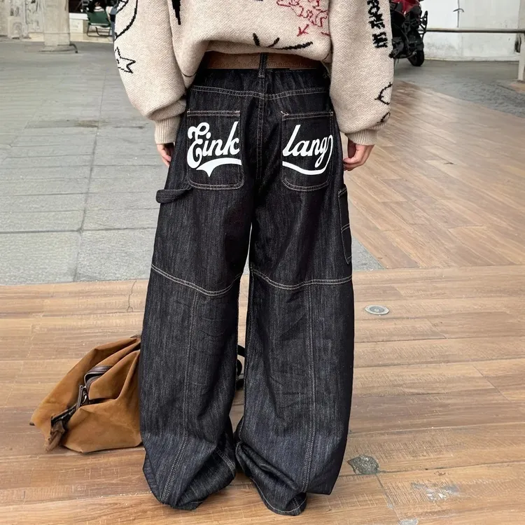 大码女装水洗字母弯刀牛仔裤女2025新款宽松bf美式街头拖地长裤子