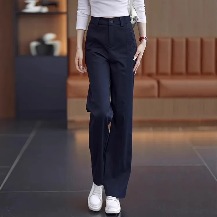 藏青色休闲裤子女春秋2025新款今年流行爆款高腰直筒裤窄版阔腿裤