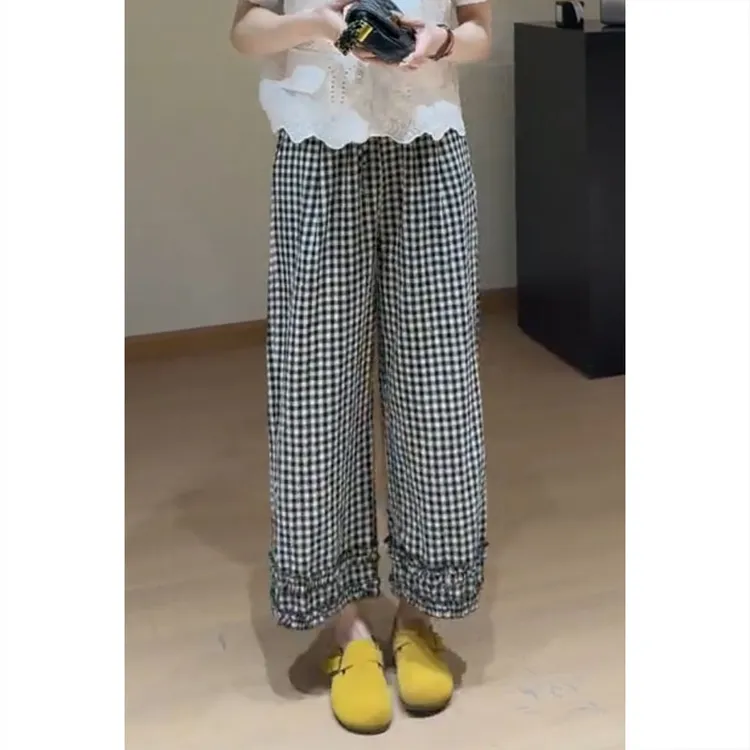 艾塔莉直筒时尚百搭休闲格子裤子春夏季新款胖mm梨形身材阔腿显瘦