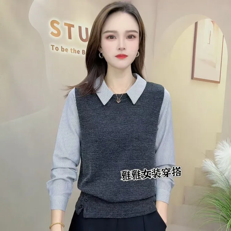 2025秋季新款衬衫领假两件时尚百搭长袖显瘦上衣款女