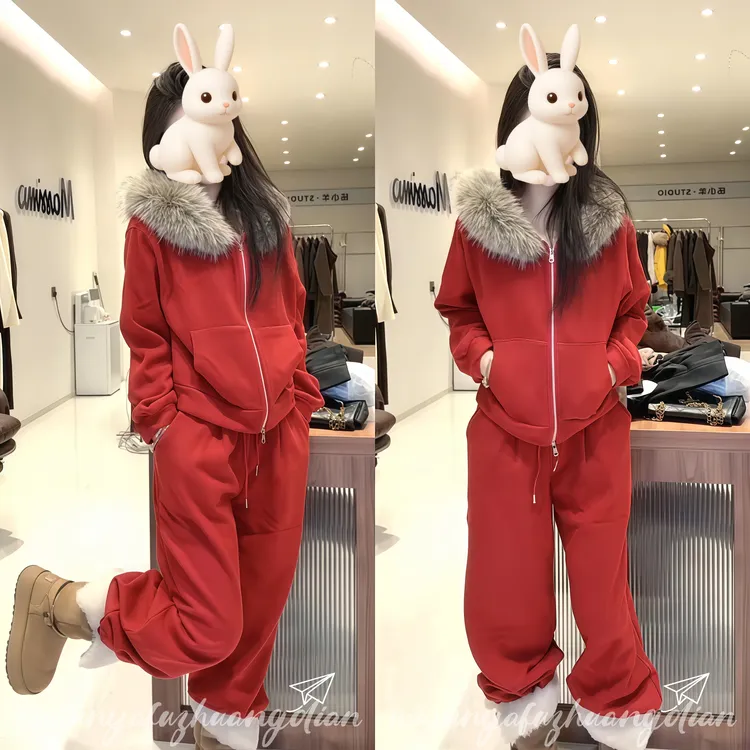 2025冬季网红新款加绒加厚卫衣套装女新年红色毛领连帽外套阔腿裤