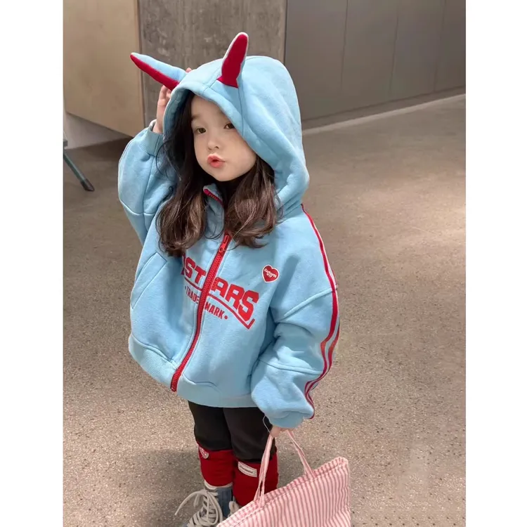 女童外套2025秋冬新款巨好看女孩连帽加绒棒球服儿童蓝色开衫卫衣