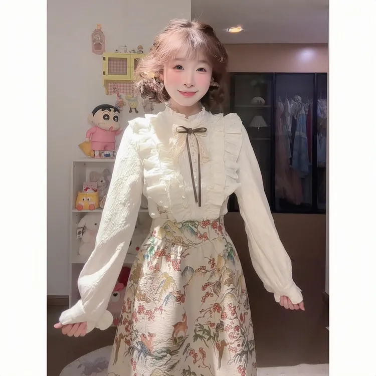 【鹿踏梅川】法式千金感加绒衬衫上衣+复古提花收腰背带长裙套装