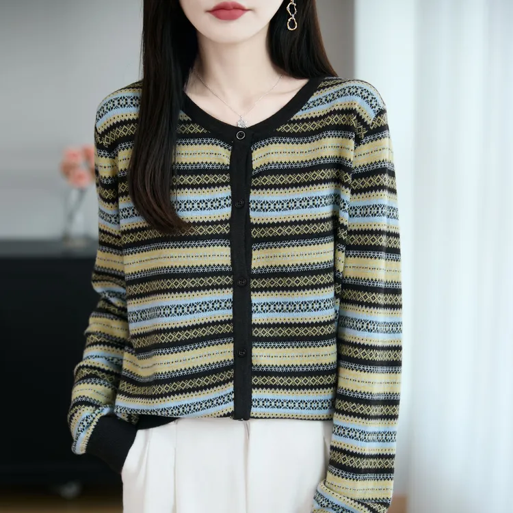 长袖圆领条纹针织开衫女毛衣外套2025秋季新款打底衫气质洋气上衣