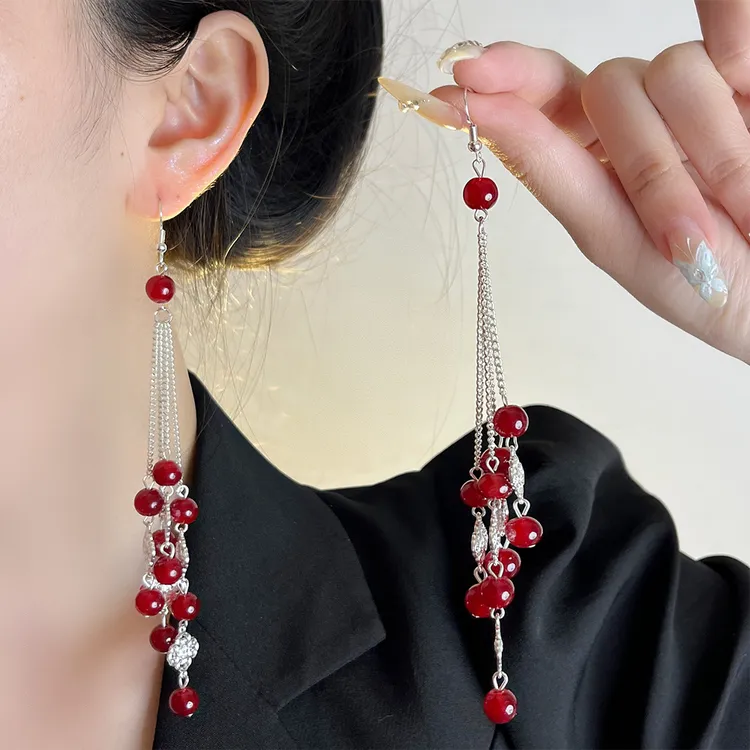 铜合金仿水晶耳饰 新中式长款流苏串珠耳环民族风耳勾显脸小耳饰