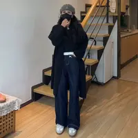 小个子定制复古蓝色高腰牛仔裤女加绒九分长裤高腰显瘦阔腿直筒裤