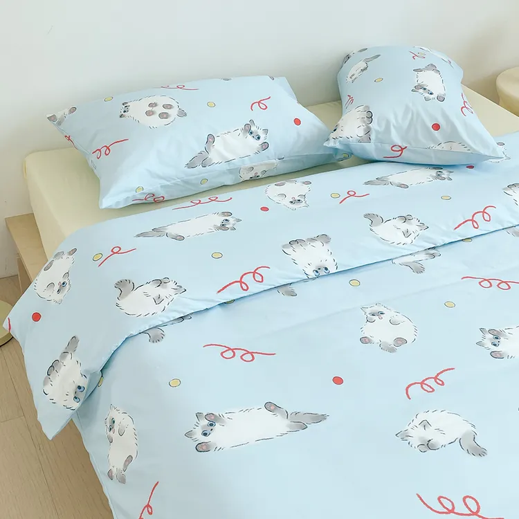 布偶猫乔琪 趣味原创小猫全棉款四件套婴儿蓝床单被套床笠可爱风