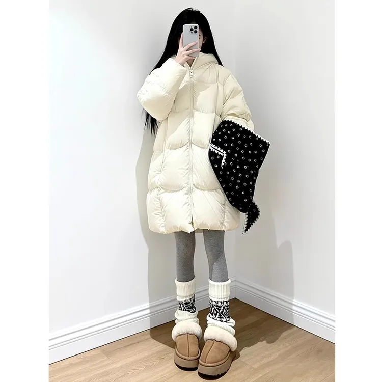 白色中长款羽绒服女2025冬新款小个子白鸭绒宽松连帽保暖加厚外套