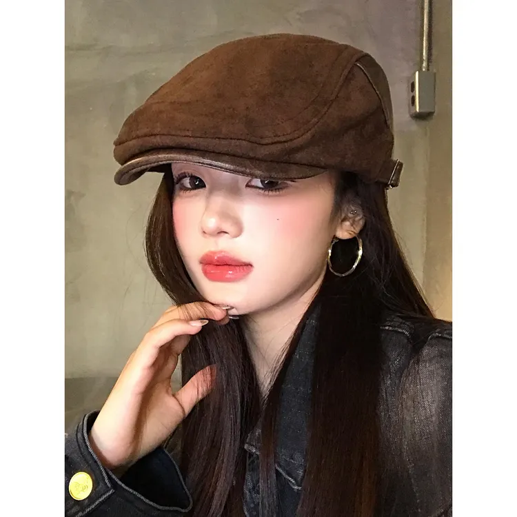 复古麂皮绒前进帽女2025新款秋冬季显脸小大头围反戴报童贝雷帽子
