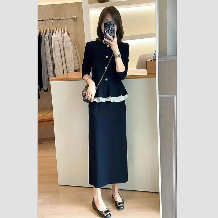 2025新款韩系大方得体职业气质小香风黑色假两件连衣裙时尚装女秋