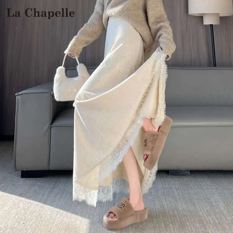 拉夏贝尔蕾丝花边针织半身裙女秋冬新款高腰大摆a字裙蛋糕长裙子