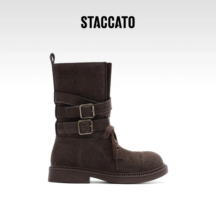 StaccatoKids思加图童鞋25女童复古皮带扣百搭中筒骑士靴S54015