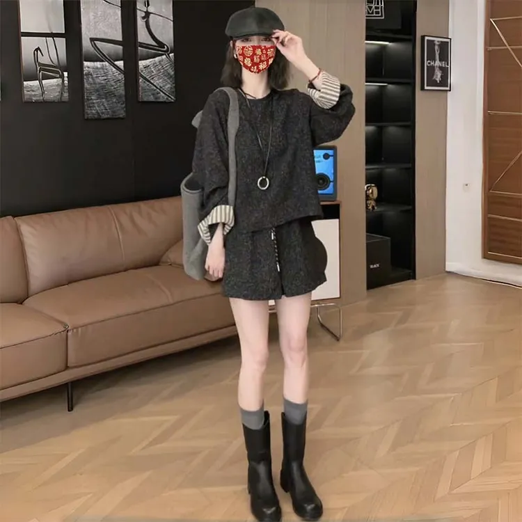 【两件套】2025女装圆领上衣阔腿裤两件套小香风休闲时尚套装D3396