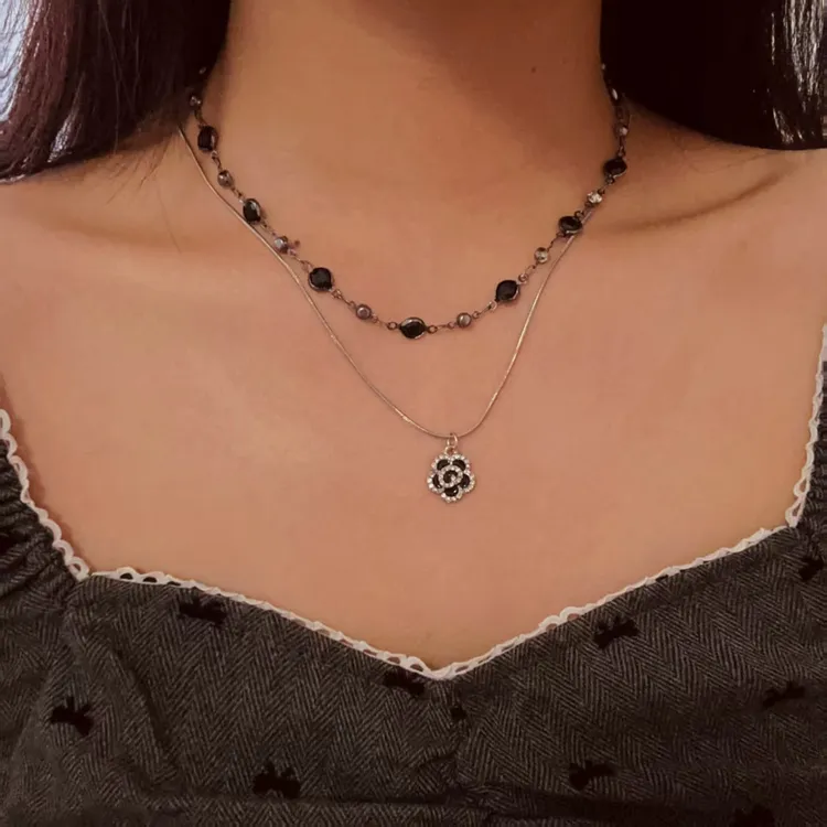 钨合金项链 【古典瑩花】玫瑰锆石项链女款小众ins双层叠戴锁骨链21