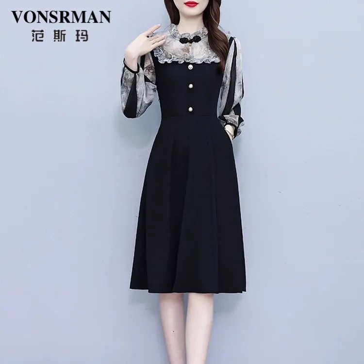 VONSRMAN新中式连衣裙女春秋冬季款2025年新款假两件显气质连衣裙