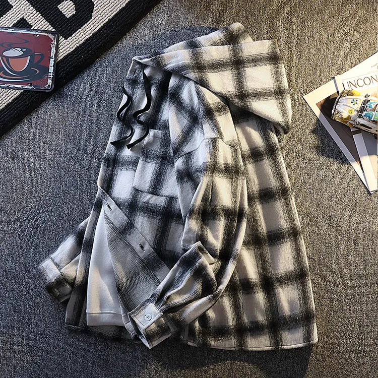 磨毛长袖衬衫男青少年秋季宽松慵懒风连帽衬衣格子港风外套休闲