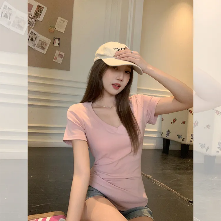 多巴胺短袖女紧身夏新款正肩辣妹修身显瘦百搭爆款V领上衣T恤