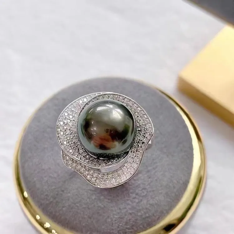 天然海水大溪地黑珍珠戒指s925银荷叶款正圆强光微瑕大气时尚潮流