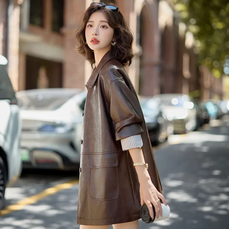 宽松休闲皮衣外套女中长款风衣2025年新款春秋装休闲皮夹克大衣女