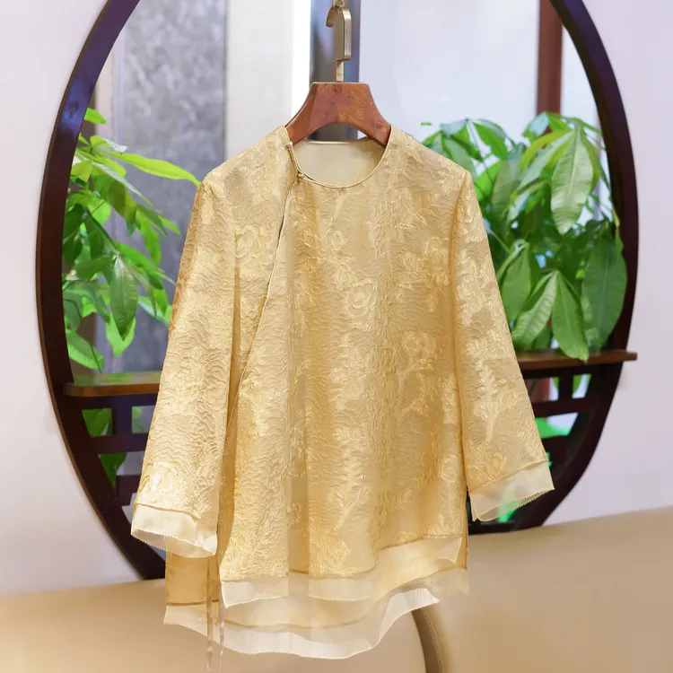 【锦系~新款】真丝剪花拼欧根纱国风桑蚕丝圆领七分袖上衣-C-382532