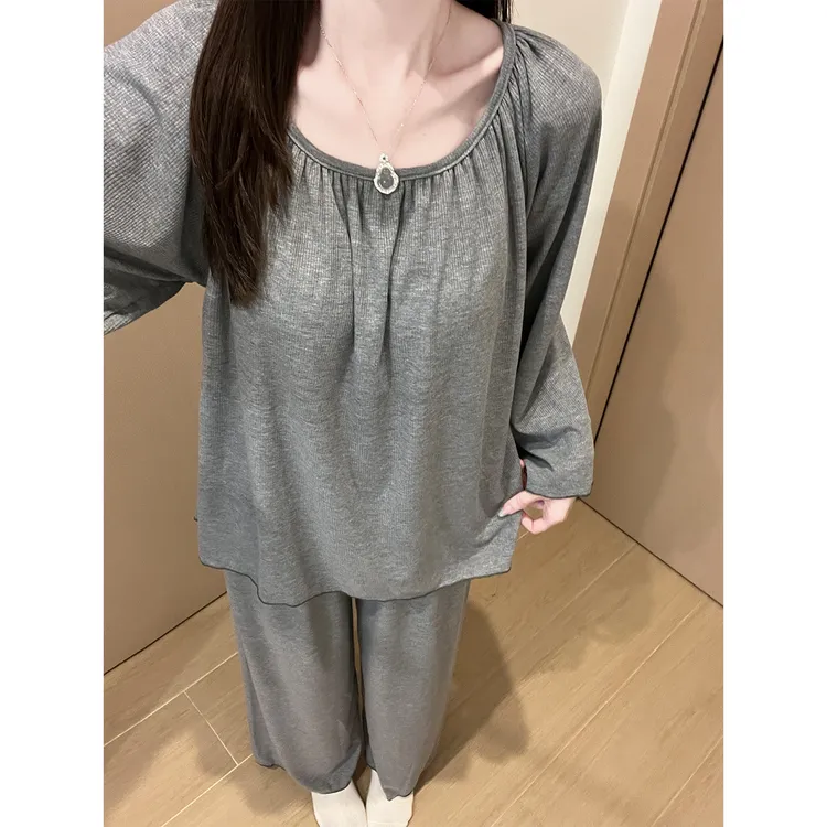 韩版ins风睡衣女春秋款带胸垫简约风高级感长袖长裤秋冬季家居服