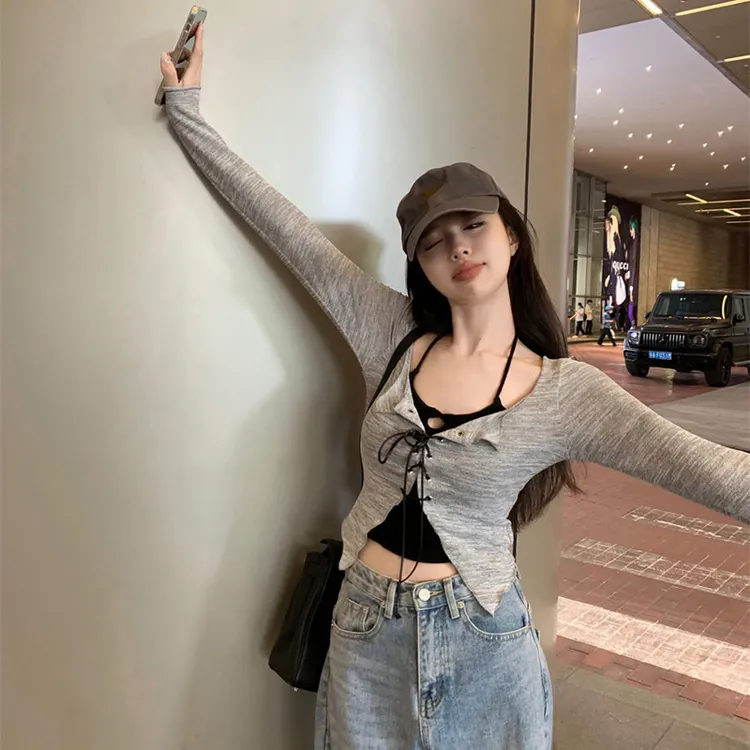 欧美长袖内搭吊带开衫女性感时尚洋气打底纯欲辣妹小个子短款套装