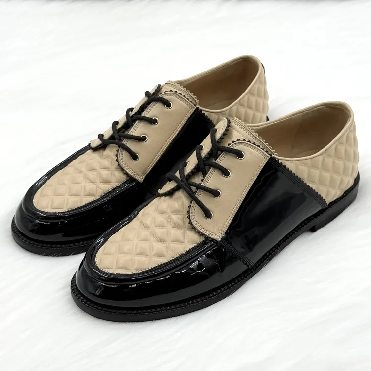 99新 Chanel/香奈儿 卡其菱格纹羊皮皮鞋 38码 公价1w g212