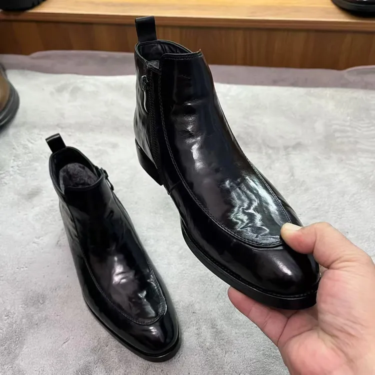 冬季加绒马丁靴男士胎牛皮手抓纹中高帮皮鞋侧拉链商务短靴英伦风