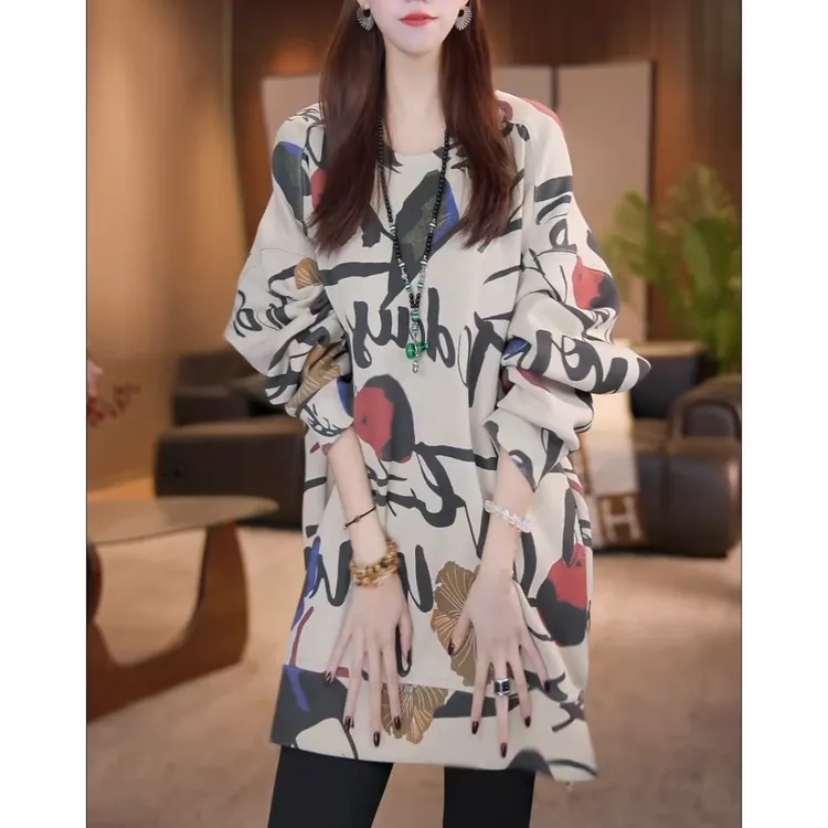 通勤宽松显瘦设计感长袖卫衣秋季新款时尚洋气印花圆领打底衫上衣