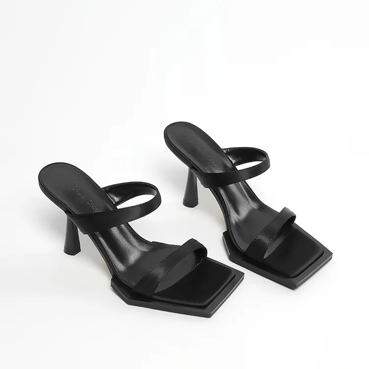 【跟高9CM/7CM】夏季黑色罗马鞋爆款明星同款网红鞋子方头高跟凉鞋
