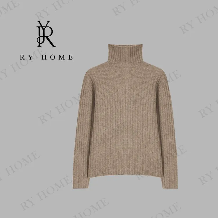 【容雨RYHOME】牦牛绒羊毛混纺宽松堆领坑条针织打底衫253M3098