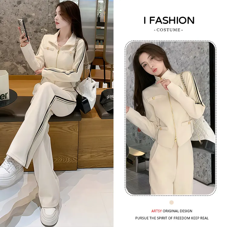 高含棉时尚百搭套装女2025年春秋新款简约纯色气质上衣直筒裤套装