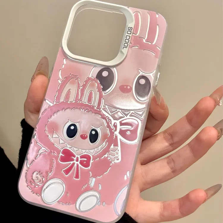 磨砂彩银毛绒呲牙萌物适用于iPhone16promax苹果手机壳15pro/14p